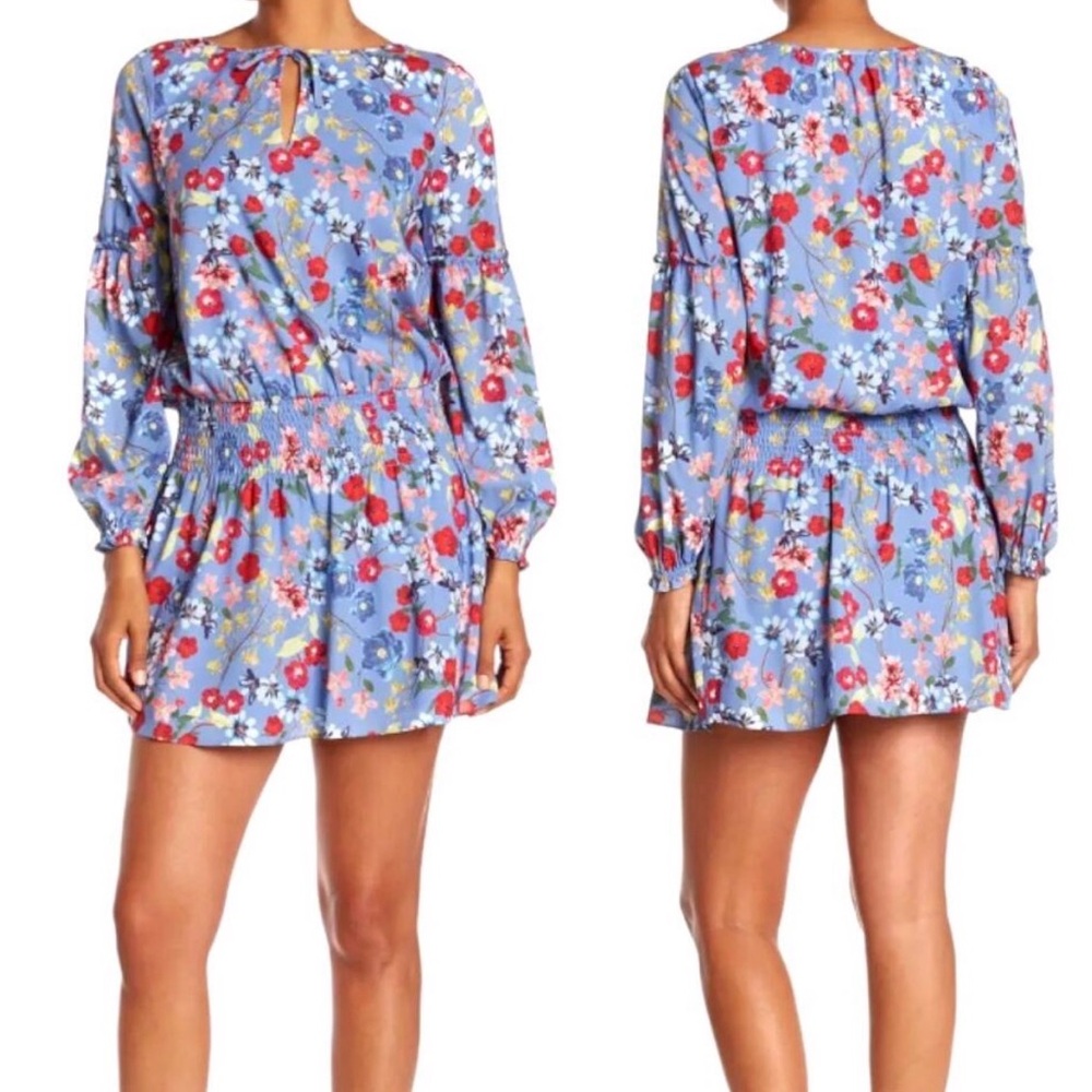 Parker Blue Floral Smocked Waist Garden Mini Dress Small